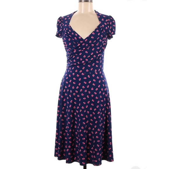 Leota Sweetheart Neck Navy and Pink Polka Dot Dress M Cottagecore CoastalGrandma